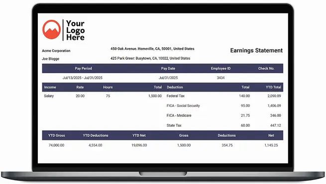 A professional pay stub generated by StubGen displayed on a laptop screen.
